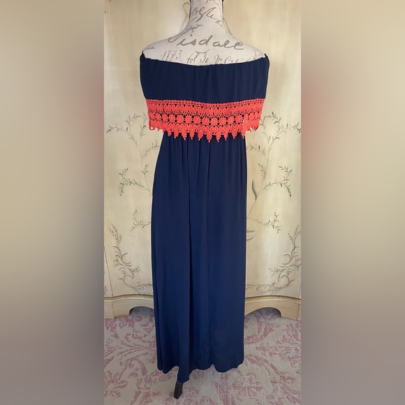 Fascination Boutique Strapless Maxi Dress w/ Orange Crochet Detail + Earrings - Picture 5 of 5